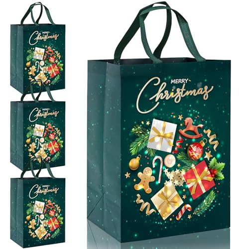 Image of FMDPZUP Large Gift Bags,4 Pack Christmas Tote Bags with Green Garland Handle Non-woven Fabric Present Bag,41 * 30 * 18cm Xmas Reusable Shopping Bag