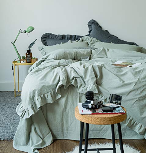 Susybao Sage Ruffle Duvet Cover Queen 100% Washed Cotton Retro Farmhouse Duvet Cover Set 3 Pcs 1 Green Lace Rustic Duvet Cover With Zipper Ties 2 Pillow Shams Luxury Aesthetic French Country Bedding #TOP4