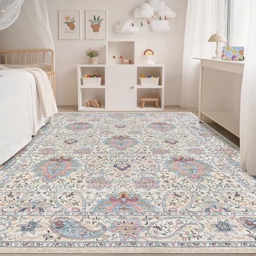 Tortania Area Rug Living Room Rugs - 6x9 Washable Boho Rug Vintage Oriental Distressed Farmhouse Large Thin Indoor Carpet for Living Room Bedroom Under Dining Table Home Office - Pink Blue