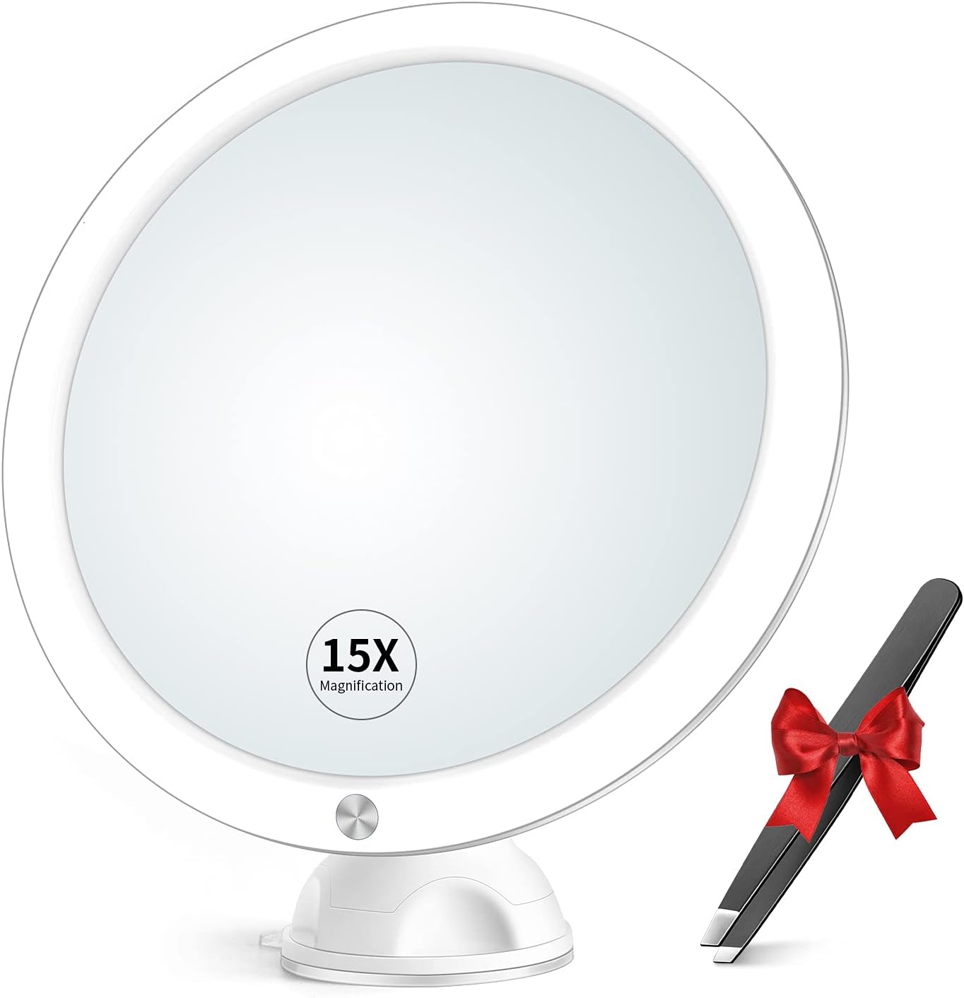 15x Magnifying Mirror with Light & Tweezers - Lighted Makeup Mirror with Strong Magnification for Precise Makeup, Plucking, Lighted Magnified Mirror w/Suction Cup for Bathroom, Dual Power , 8"