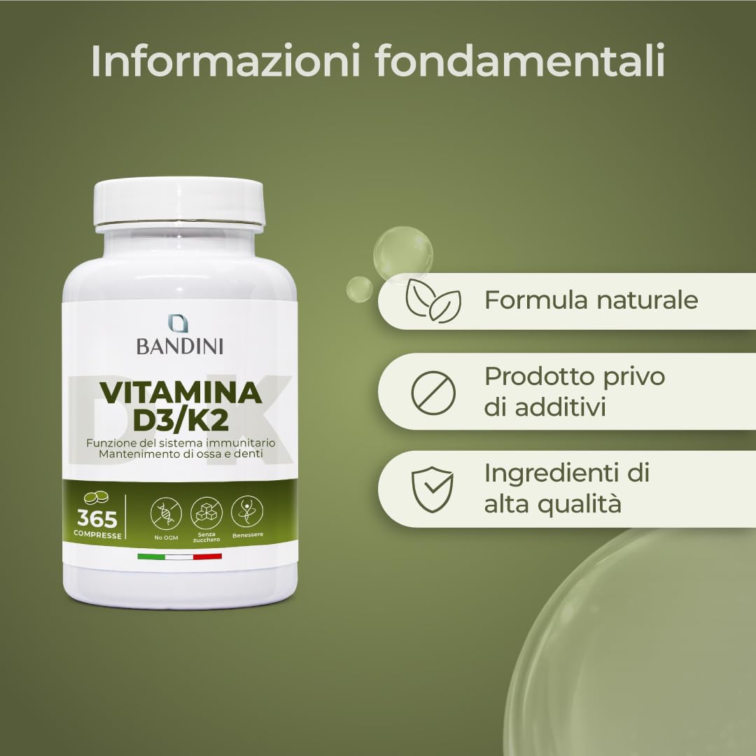 Bandini® Vitamina D3 K2 | 365 COMPRESSE (12 Mesi) | Vitamina D 2000 UI + 200 mcg Vitamin K | Vitamine MK-7 99% All Trans Vit D3+K2 | Per Ossa, Denti, Muscoli, Articolazioni & Sistema Immunitario