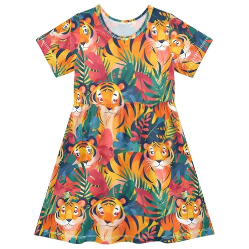 ALAZA Colorful Tiger Toddler Girls Dress Short Sleeve A-line Dress 2-8 Years