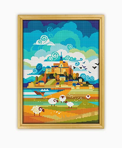 Mont Saint Michel Normandy France CS1553-2 - Counted Cross Stitch KIT#2. Set of Threads, Needles, AIDA Fabric, Needle Threader, Embroidery Clippers and Printed Color Pattern Inside.