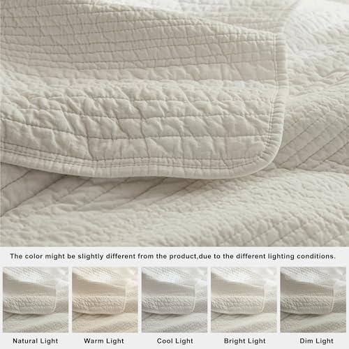 Image of palassio Striped Beige 100% Cotton Quilt Queen Size Bedding Sets, Lightweight Crinkly Channel Pick Stitch Textured Bedspread Soft Shabby Chic Farmhouse Country Coverlet for All Season, 2 Shams