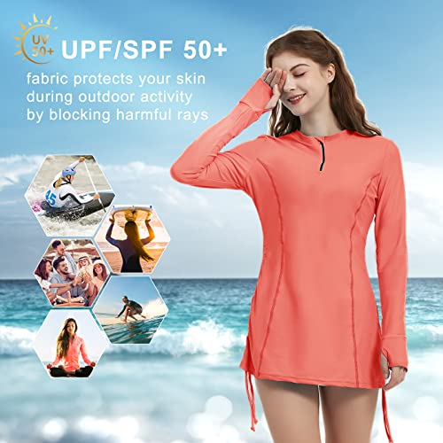 Lilycat Women's Rash Guard Long Sleeve Sun Protection Clothing Half Zip Swim Shirt Side Adjustable Swimsuit Tops Hiking Surfing Coral Pink #TOP4