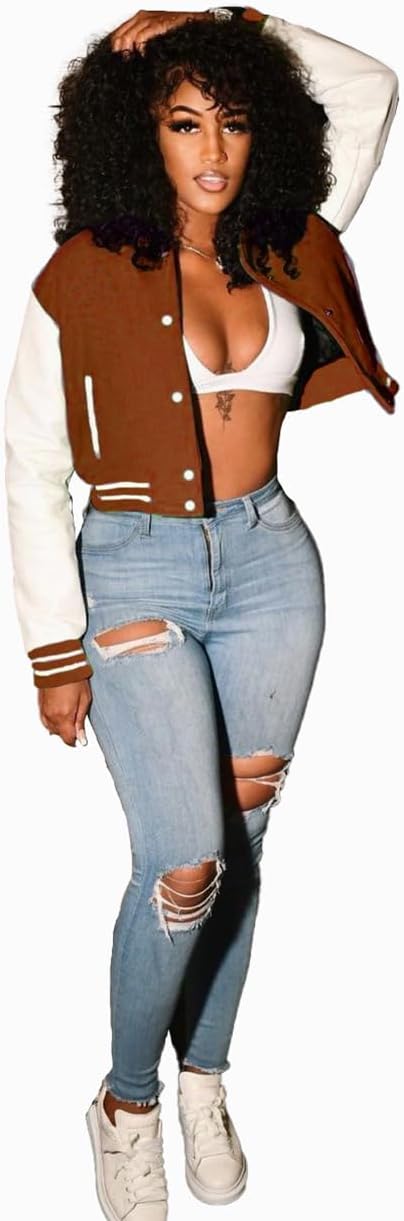 Varsity Cropped Jacket for Woman Long Sleeve Button Down Baseball Jacket Crop Bomber Jacket Streetwear with Pockets