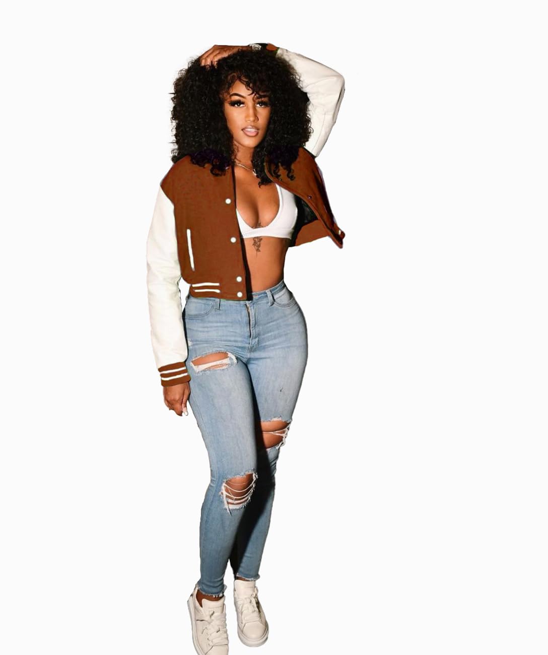 INGORINA Varsity cropped jack voor dames, lange mouwen, button-down, honkbaljack, crop bomberjack, streetwear met zakken, Rood, XL