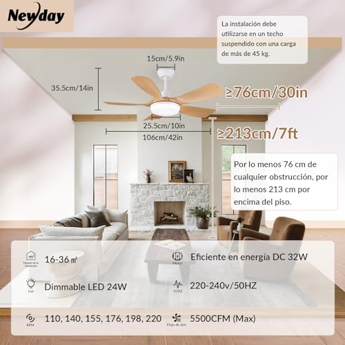 Miniatura 8 de Newday 106cm Ventilador De Techo Color De Madera Con Luz Dimmer Y Mando A Distancia Silencioso, Motor Dc, 5 Aspas, Función De Memoria Para Salon Dormitorio