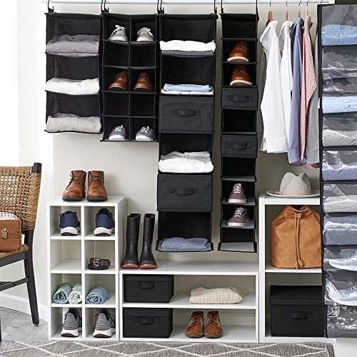 Household Essentials 20-Pocket Closet Shoe File, Durable Polyester Linen Plastic, Holds 10 Pairs of Shoes, Individual Storage, Single Hook System, Black