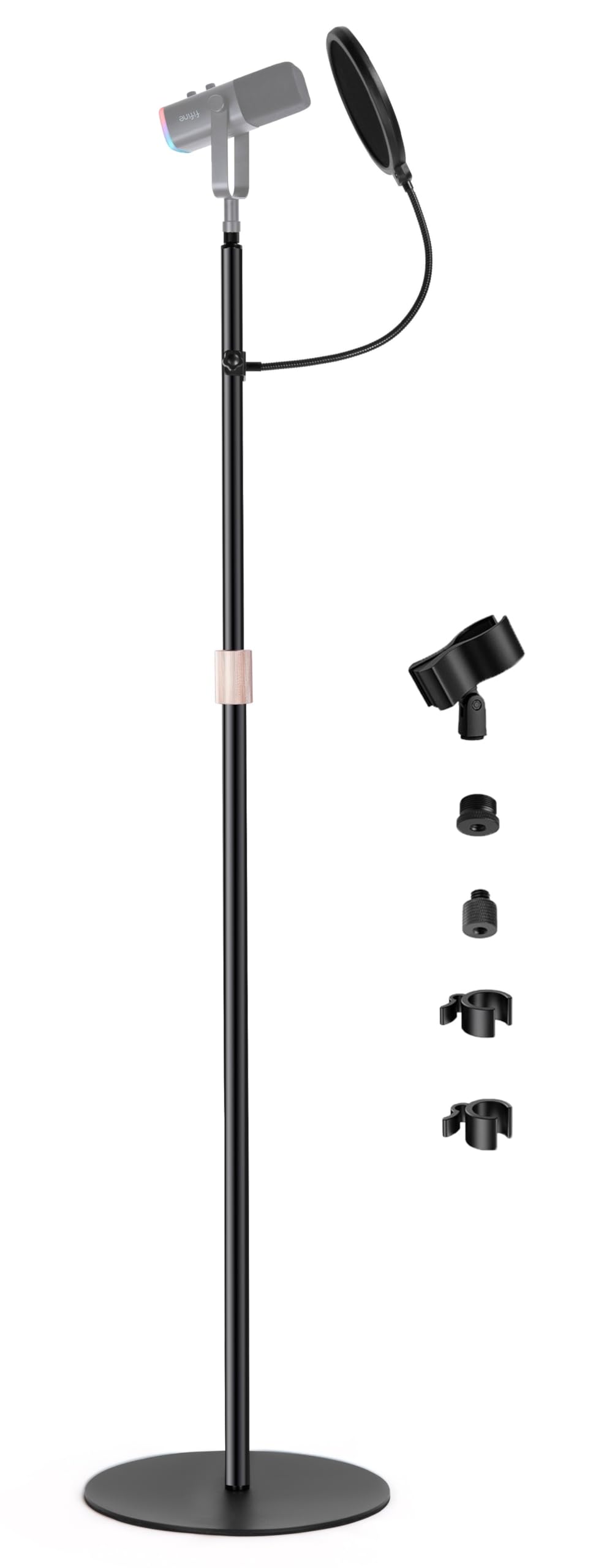 Soporte de piso para micrófono, soporte telescópico de 160 cm para micrófono HyperX Razer Fifine Blue Yeti con clip de micrófono, rosca de 1/4 y adaptador de 3/8 5/8, filtro pop y clips de cable para
