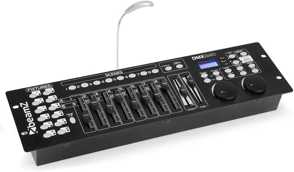 beamz DMX-240 DJ Lighting Controller – 192-Channel DMX Console with Pan/Tilt Jog Wheels, MIDI Compatibility, Programmable Scenes & Effects, Rack-Mountable Design Light Control Desk, 154.090