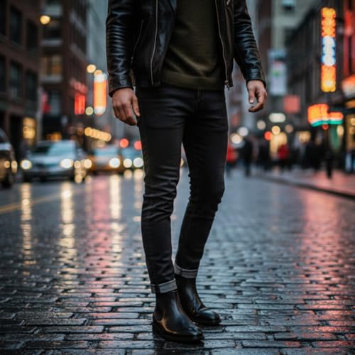Image of CRACHERS Men's Classic Black Leather Chelsea Boots | Formal & Casual Slip-On Ankle Boots with Elastic Side Panel and Pull Tab | Durable & Stylish Lightweight Boots for Men