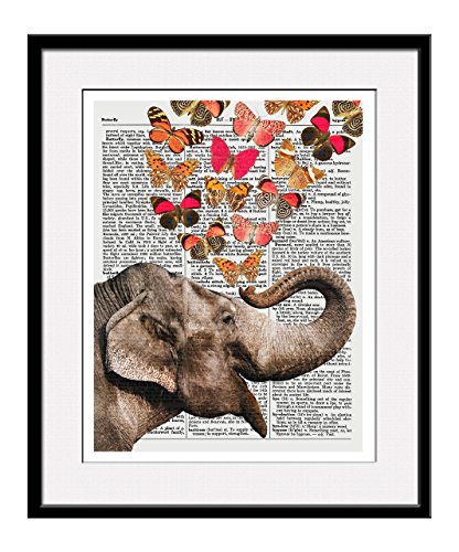 Elephant With Butterflies 11x14 Inch Reproduction Vintage Dictionary Art Print With