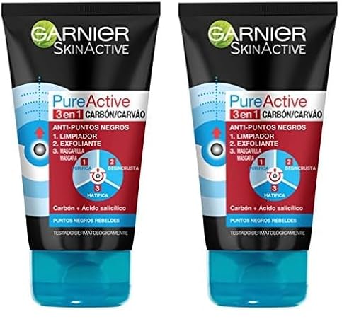 GARNIER Skin Active - Pure Active, Gel Limpiador de Poros y Exfoliante Facial con Carbón 3 en 1, 150 ml (Paquete de 2)