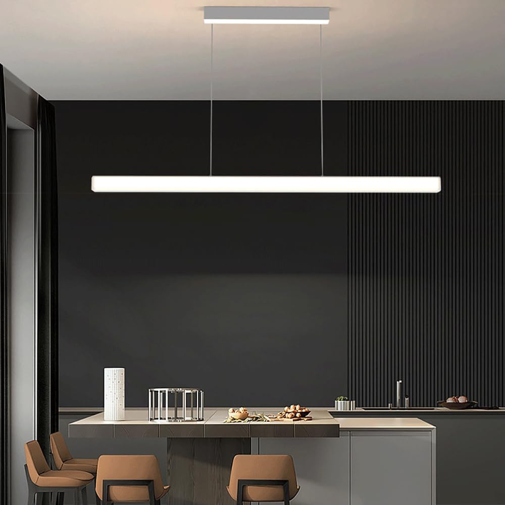 Kitchen Island Pendant Lights, Linear White Wrought Iron Chandeliers with Acrylic Shade, Modern Dimmable LED Dining Room Long Hanging Lighting Fixture, Strip Living Room Pendent Lamps