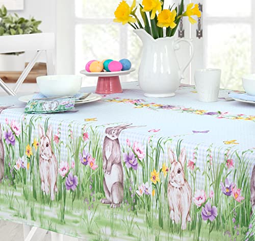 Newbridge Easter Bunny Meadow Fabric Bordered Tablecloth - Blue Gingham Bunny Rabbit Wrinkle And Stain Resistant Checkered Fabric Spring Tablecloth, 60” X 84” Oval #TOP2