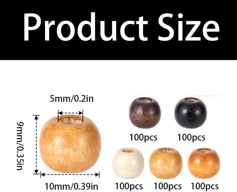 500pcs Large Hole Wooden Beads for Crafts 5 Colors 9X10mm Vintage Round Natural Wood Hair Beads for Macrame Necklace Bracelet Hair DIY Handmade Decor - Image 2