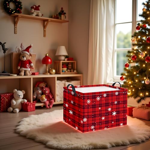 Image of Rectangular Christmas Basket Fabric Storage Bin Boxes Collapsible Storage Basket for Clothes Books Shelves(Snow Checkered)