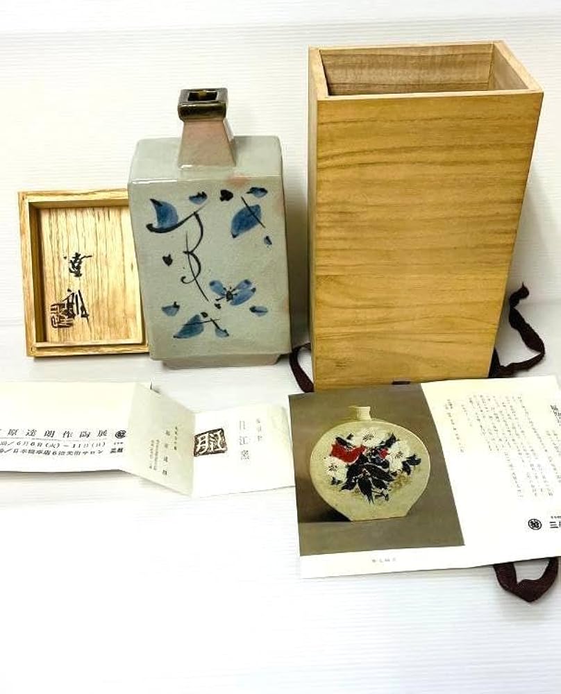 美品　益子焼　人気作家　福原達朗作　葡萄紋角瓶　茶道具　共箱　送料込み0807 美品 益子焼 人気作家 福原達朗作 葡萄紋角瓶 茶道具 共箱 送料