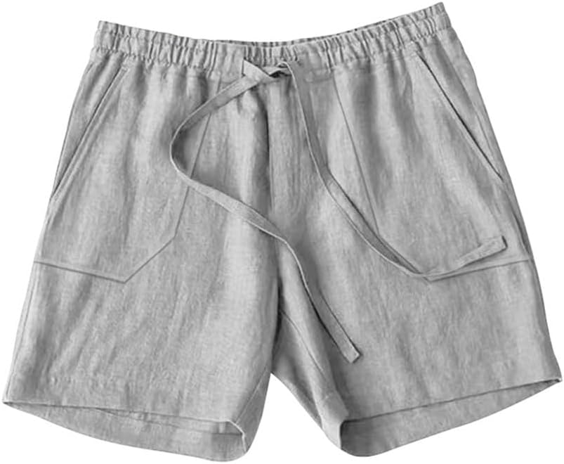 Men Beach Cotton Linen Shorts 5 in Drawstring Elastic Waist Breathable Solid Color Causal Summer with Pockets