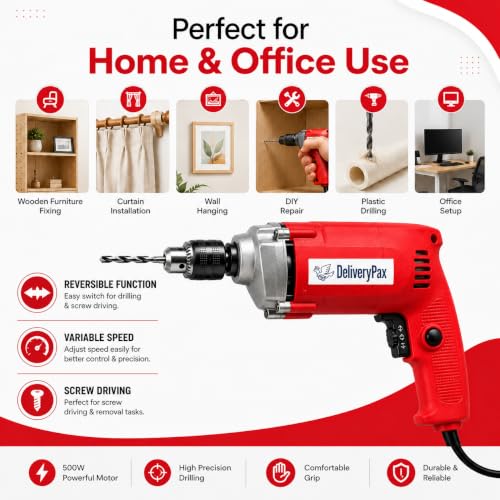 Image of Delivery Pax 500W Electric Drill for Wall Drilling | Reversible Corded Power Drill for Home Use | Concrete, Wood & Metal Drilling