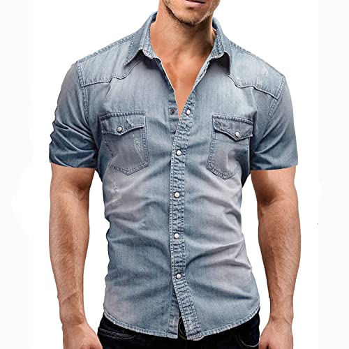 Hombres Primavera Verano Denim Camisa Delgada de Manga Corta Algodón Suave Dos Bolsillos Delgado Ligero Ligero Jeans Elástico Camisa de Vaquera (Color : Light Blue, Size : Medium)