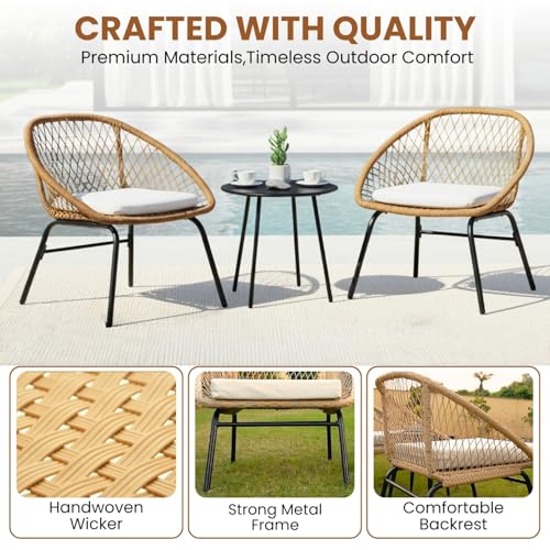 Image of DEVOKO 3-Piece Outdoor Patio Modern Bistro Set - All-Weather Water-Resistant Wicker Furniture with Metal Frame, Perfect for Garden, Poolside, Balcony, Terrace & Lawn (Beige & White)