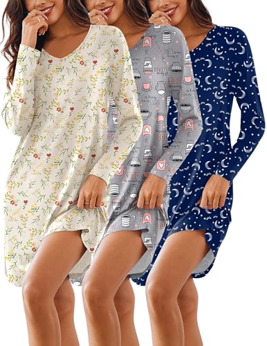 Ekouaer 3 Pack Long Sleeve Nightgowns for Women Casual Sleepwear Nightshirt - image 1