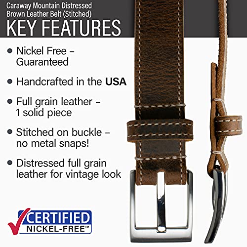 Caraway Mountain Distressed Brown Leather Belt - USA Made Genuine Full Grain Leather Certified Nickel Free Buckle3