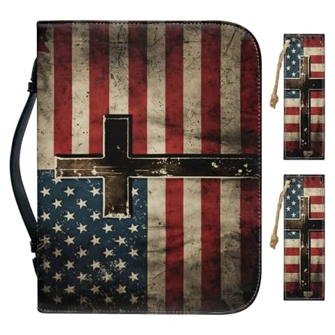 Bengbobar Bible Cover with Bookmarks Cross Bible Cover Bible Case for Women Bible Cover Bible Carrying Case with Storage USA Flag Bible Protective with Handle and Pencil Holder 7x10" Large Cover