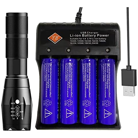 Pocket Bright Flashlight, 5 Modes Zoomable LED Torch, 4 Slot Universal Battery Charger, with 4 Rechargeable Top Button Batteries, USB Smart Charger, fit for Cycling Hiking Camping Cover