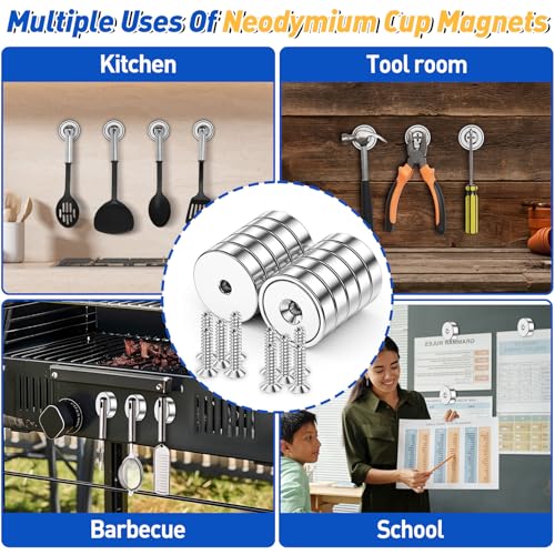 Grtard 8 Pack Neodymium Cup Magnets, 60LBS Holding Force Strong Rare Earth Magnets with Heavy Duty Countersunk Hole and Stainless Screws for Refrigerator, Tool Room, Science, Craft, Office and Garage