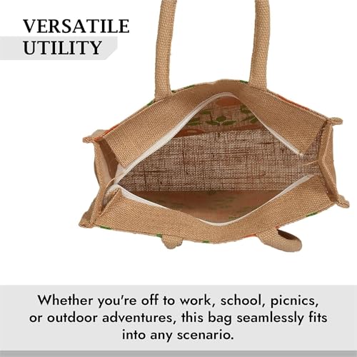 Image of Kuber Industries Jute Shopping Bag for Women with Handle | Multipurpose and Reusable Carry /Shopping Bag for Grocery | Apple Print - Brown & Red
