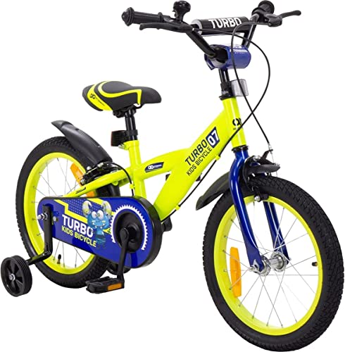 Actionbikes Vélo Enfant Turbo - 16 Pouces - Frein Caliper - Roue Libre - Protection de chaîne - Roues d'appui - Pneus gonflables - Vélo Enfant - Vélo de Course - Protection du Guidon - De 4 à 7 Ans Cover