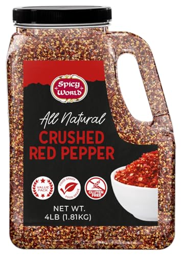 Crushed Red Pepper Flakes 4 LB Bulk Jar (64 Oz) - All Natural, Pure, Chilli Flakes Hot Pepper, Great on Pasta and Pizza by Spicy World - Can Also Be Used For Yards, Backyard Protection, Chicken Protection