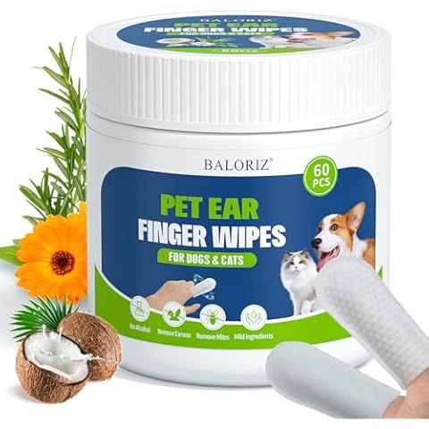 BALORIZ Dog Ear Cleaner Wipes, Dog Ear Wipes Finger for Dogs & Cats, Gently Remove Ear Wax, Sooths & Deodorize, Relieve Ear Itching, Pet Supplies Easy to Use Fresh Coconut Scent, 60 Count Cover