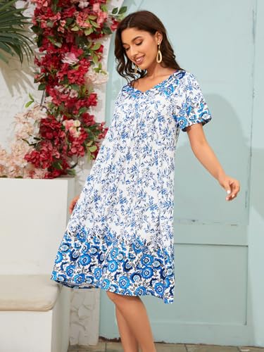 Image of CRIPOM Womens Nightgown Short Sleeve House Dress with Pockets-Floral Print Mumu Dress S-3XL