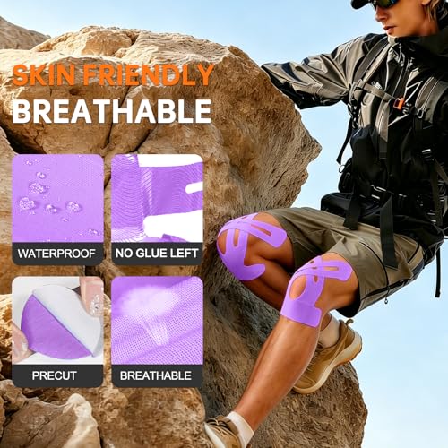 Image of Precut Kinesiology Tape for Knees, 10 Strips - Knee Support & Stability, Knee Pain Relief Athletic Tape - Waterproof & Elastic, Breathable Hypoallergenic Latex-Free Tape, Purple