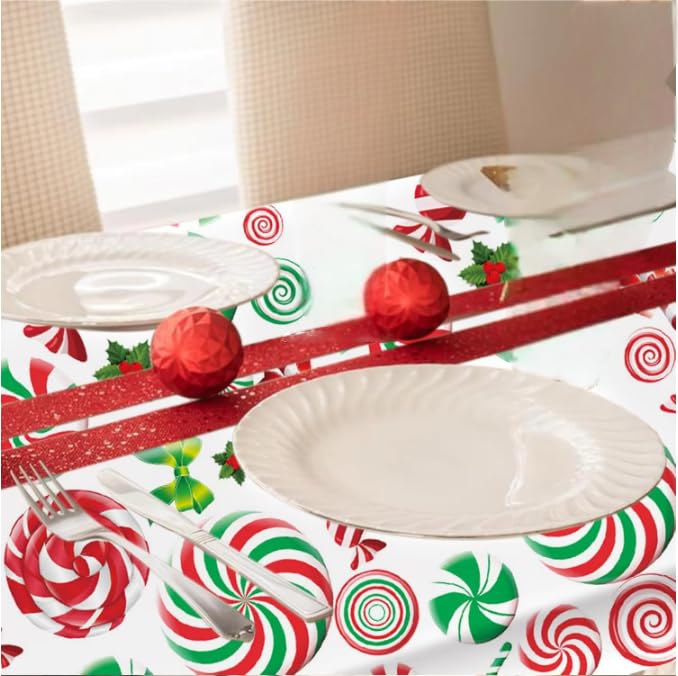 Christmas Tablecloths,4 Pack Plastic Waterproof Disposable Rectangle Table Cover Candy Lollipops Candy Canes Design for Holiday Winter Party Decorations(54x108 Inch) – Image 8