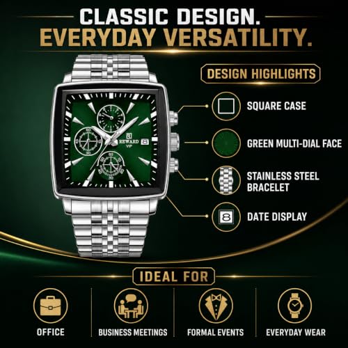Buy REWARD VIP Men's Analog Quartz Watch with Chronograph & Date Display | 44mm Alloy Case | Blue Silicone Strap | Luminous Hands | Curved Hardlex Glass | 3 ATM Water Resistant | Luxury Sports Wrist Watch for Men (Silver and Green) at Amazon.in - Image 6