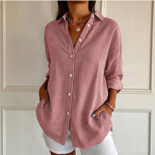 Striped Shirt Women Long Sleeve Summer Fall Tops Red X-Large — view 2