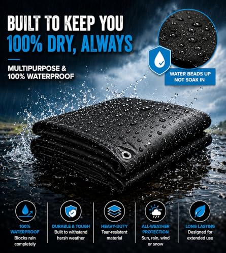 Image of Tarkka 10x9ft Black Tarpaulin Sheet, 120 GSM Virgin Waterproof Tirpal /Tadpatri Cover with Reinforced Eyelets & UV Protection for Home, Farm & Truck, 2 Sheets