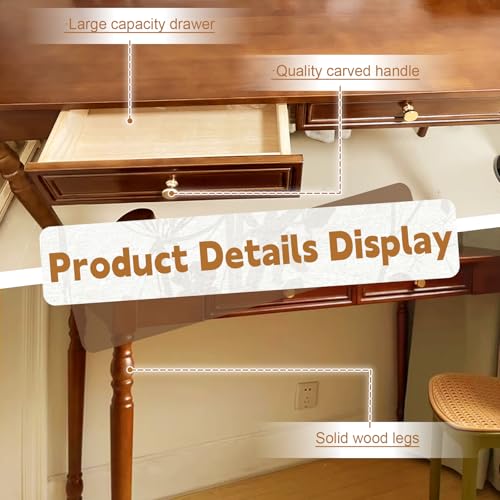 EIELIZ Solid Wood French Country Desk,Writing Desk with Storage Drawers,Farmhouse Computer Table Makeup Table Modern Simple Style,for Home Office Living Room Study Workspace Bedroom (Walnut, 47.2IN) by EIELIZ - Used condition - Image 6