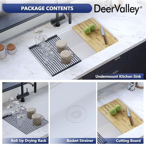 Image of DeerValley White Undermount Kitchen Sink 33 Inch, Single Bowl Granite Composite Kitchen Sink Basin with Workstation Accessories