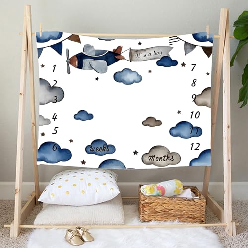 Image of Airplane Theme Baby Monthly Milestone Blanket for Boys, Soft Flannel Aircraft Pilot Cloud Stars Pattern Photography Prop Baby Shower Age Newborn Mom Gifts Nursery Decor (Gray Blue, 60x40in)