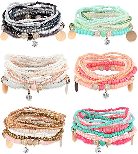 MILACOLATO 6Sets Boho Bead Bracelets Set Multilayered Stackable Bracelets Comfortable Stretch Bracelets Multicolor Bohemian Charm Bracelets for Women Men