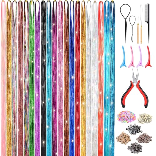 6000 Hair Tinsel Set, 48 Inches Glitzer Haarsträhnen, 20 Farben Flechten Haar Lametta für Mädchen, Hochzeit, Party, Cosplay, Weihnachten und Halloween