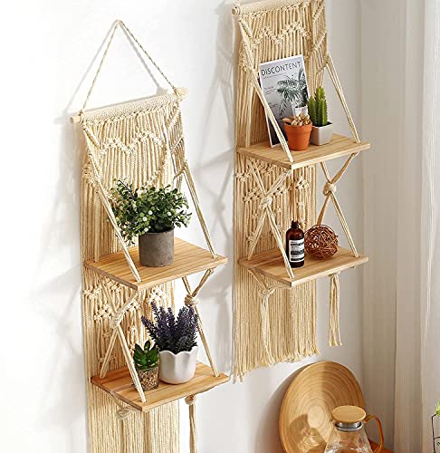 Makeonewo Macrame Wall Hanging Shelf Set Of 2 Macrame Shelves Handmade Decorative Floating Boho Shelf-Plant Shelf Display Rack To Organize And Decor For Living Room, Bedroom, Bathroom (10" W/2 Tier) #TOP7