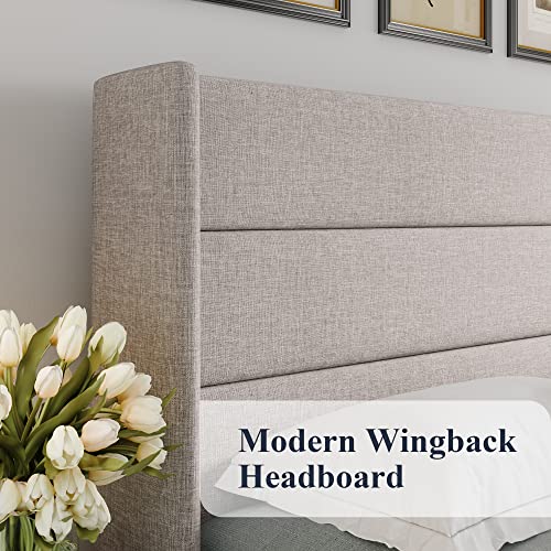 Allewie Queen Size Lift-Up Storage Bed with Modern Wingback Headboard - No Box Spring Needed, Light Beige
