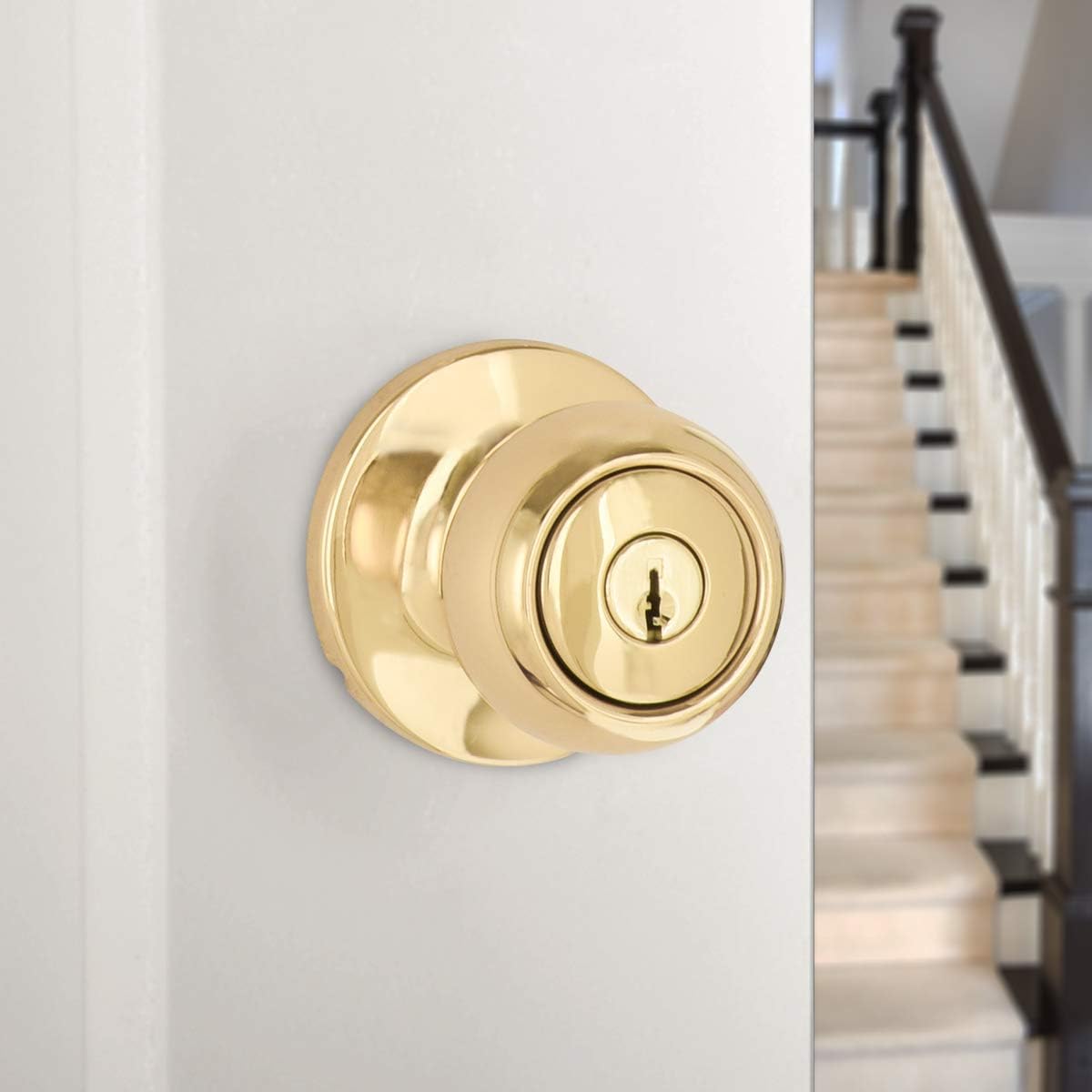 Amazon Basics Exterior Door Knob With Lock, Coastal, Polished Brass, Entry